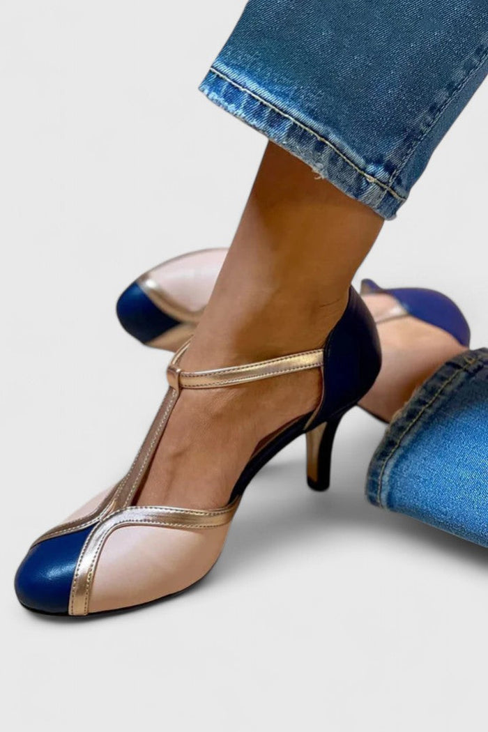 Damskie Buty na Obcasie T-Strap Kolorowe Bloki