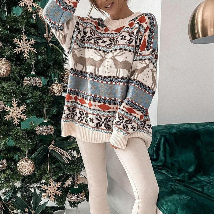 Damski Świąteczny Sweter z Reniferem i Wzorem Fair Isle
