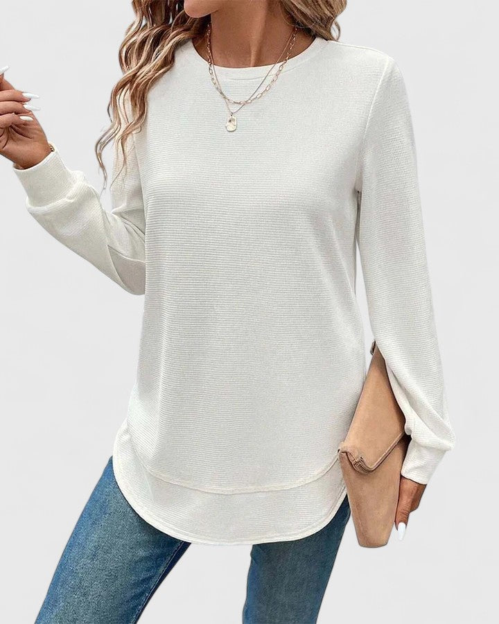 Nadyalyn | Elegancki T-shirt z Okrągłym Dekoltem i Długim Rękawem