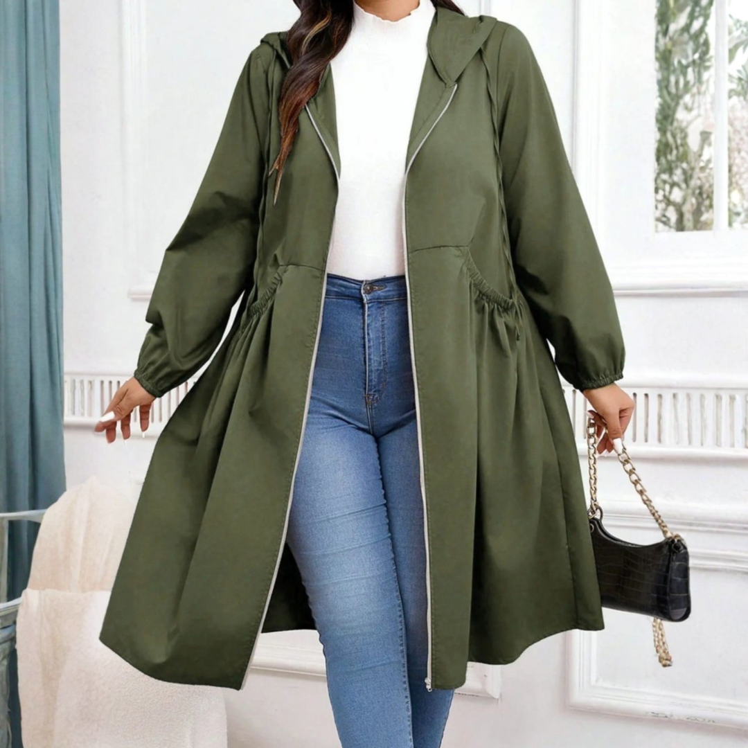 Avril - Casual Plus Size Kurtka z Kapturem na Zamek z Długim Rękawem