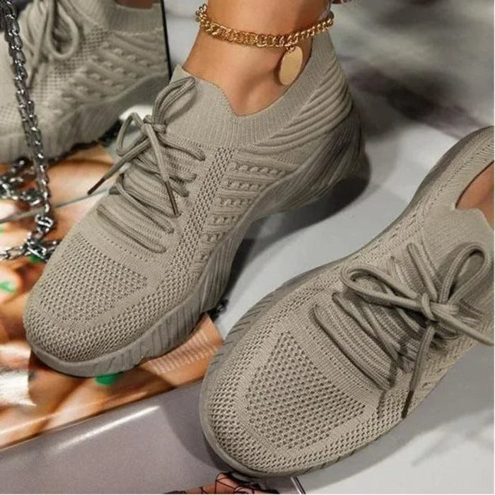 Damskie Lekkie Sneakersy z Dzianiny z Wiązaniem