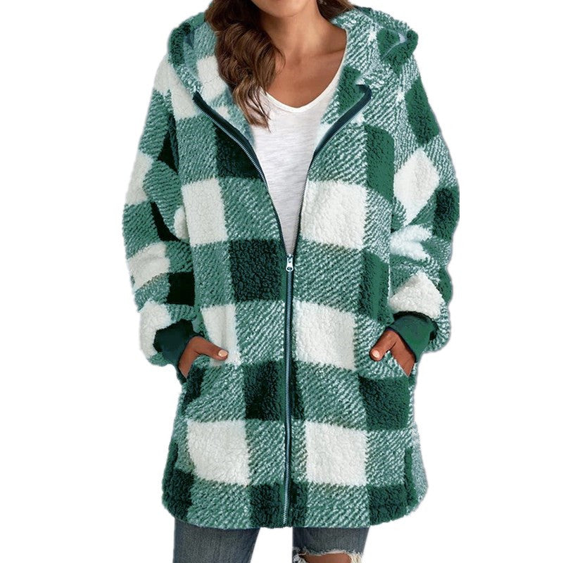 Arabella - Płaszcz z Kapturkiem w Kratę z Fleece na Długim Rękawie