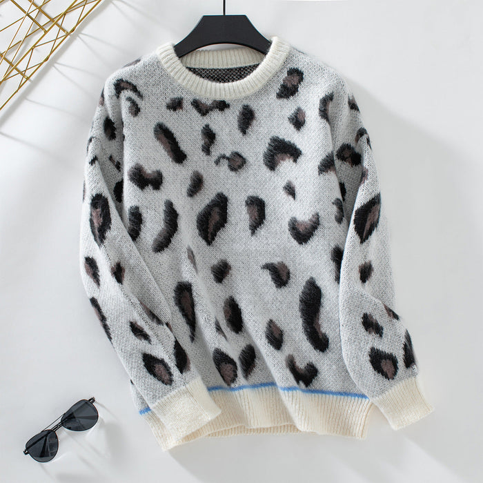Damski Sweter z Wzorem Leoparda i Okrągłym Dekoltem