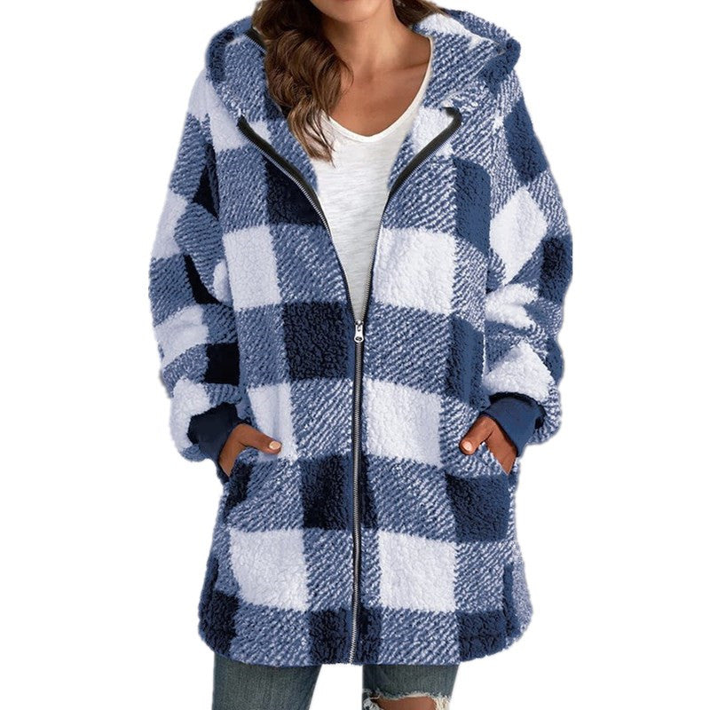 Arabella - Płaszcz z Kapturkiem w Kratę z Fleece na Długim Rękawie
