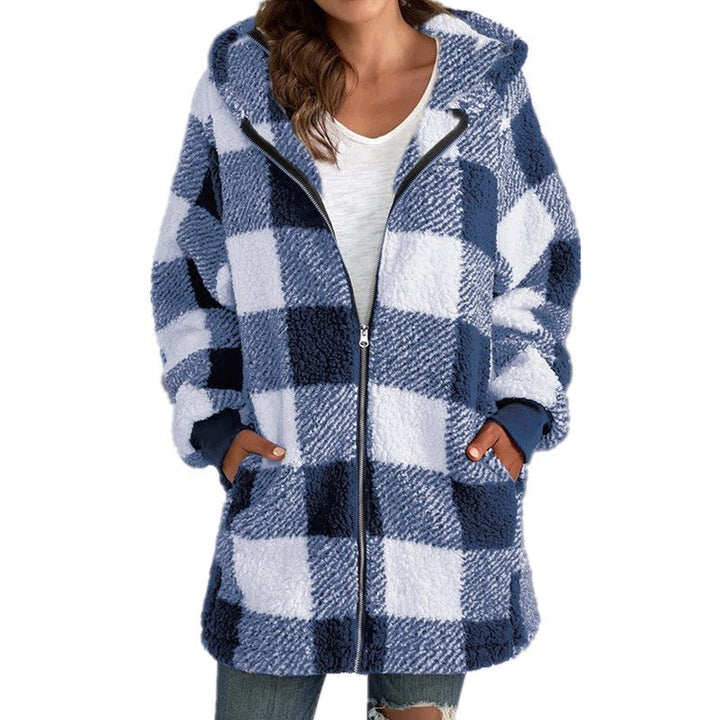 Arabella - Płaszcz z Kapturkiem w Kratę z Fleece na Długim Rękawie