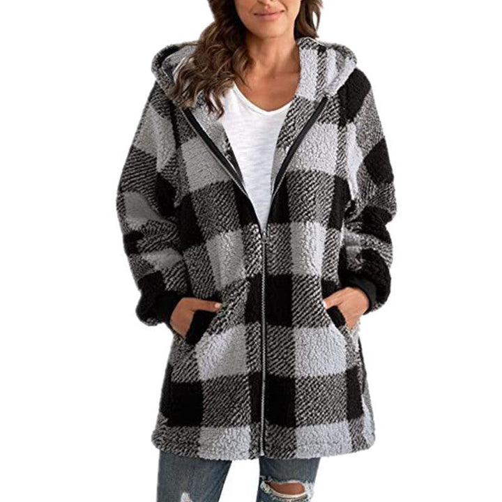 Arabella - Płaszcz z Kapturkiem w Kratę z Fleece na Długim Rękawie