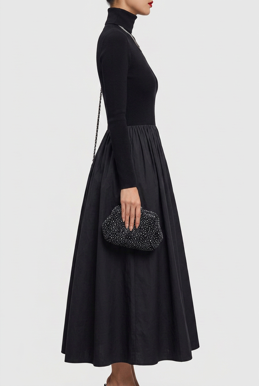 Selene | Elegancka Czarna Sukienka Midi z Wycięciami i Satyną