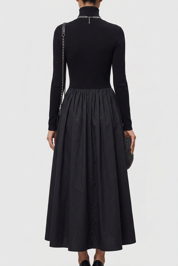 Selene | Elegancka Czarna Sukienka Midi z Wycięciami i Satyną