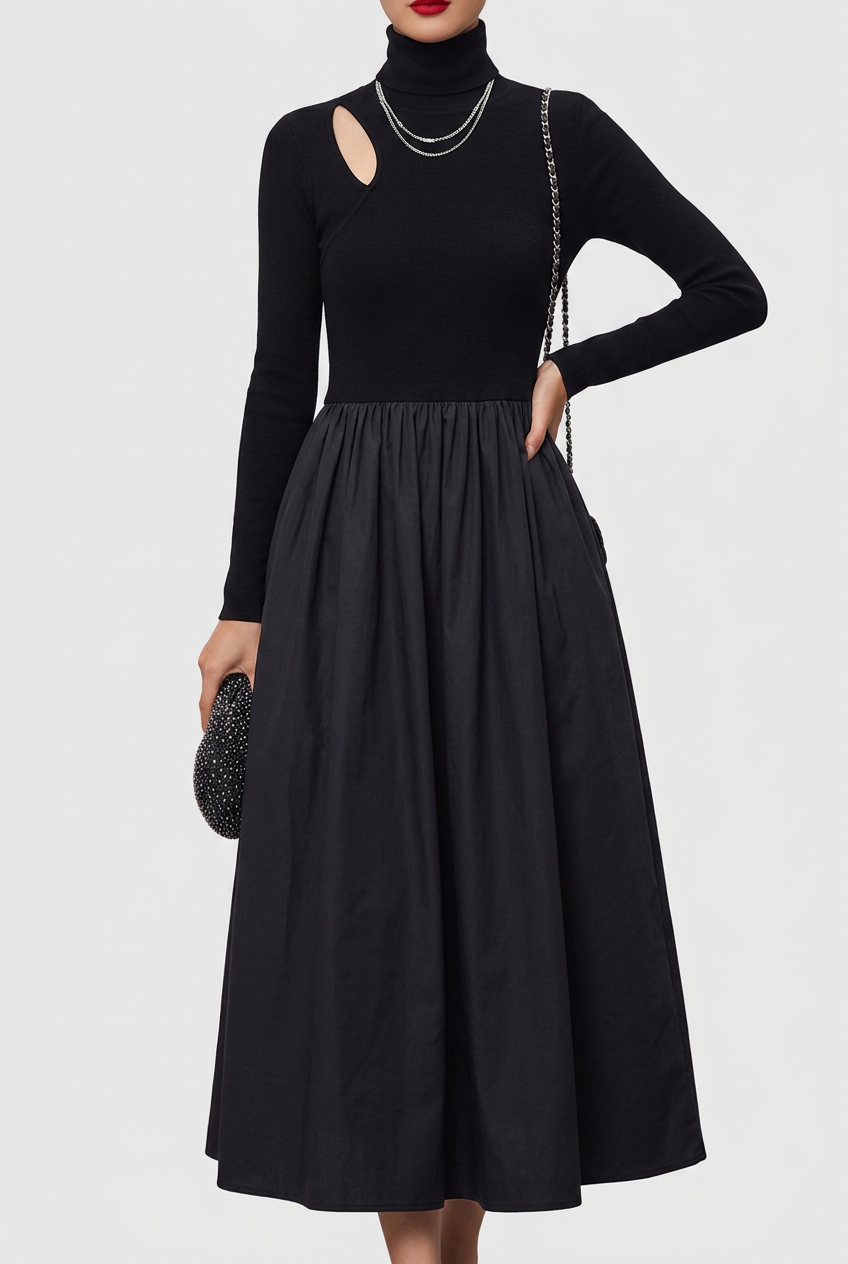 Selene | Elegancka Czarna Sukienka Midi z Wycięciami i Satyną