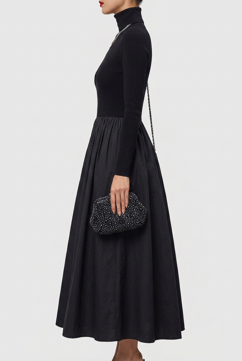 Selene | Elegancka Czarna Sukienka Midi z Wycięciami i Satyną