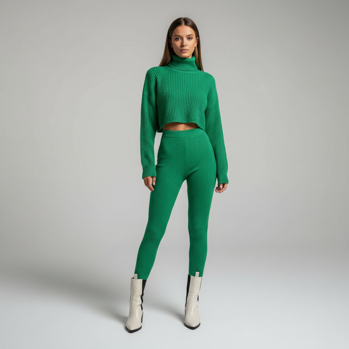 Damski Komplet Dresowy Crop Top Spodnie z Golfem