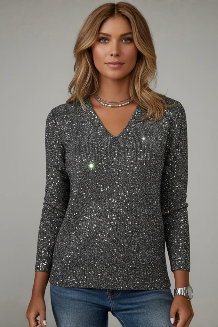 Samantha | Damski sweter z cekinami, dekolt w serek, z długim rękawem