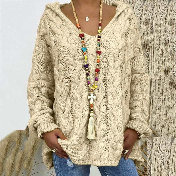 Damski Sweter z Warkoczowym Splotem V-Neck Oversize