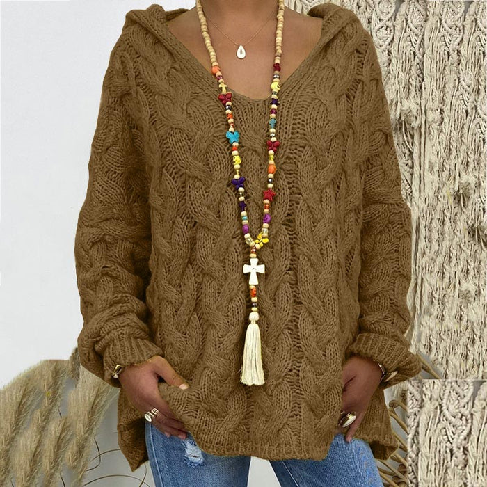 Damski Sweter z Warkoczowym Splotem V-Neck Oversize