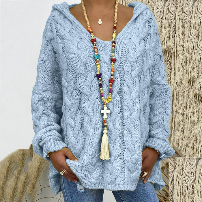Damski Sweter z Warkoczowym Splotem V-Neck Oversize