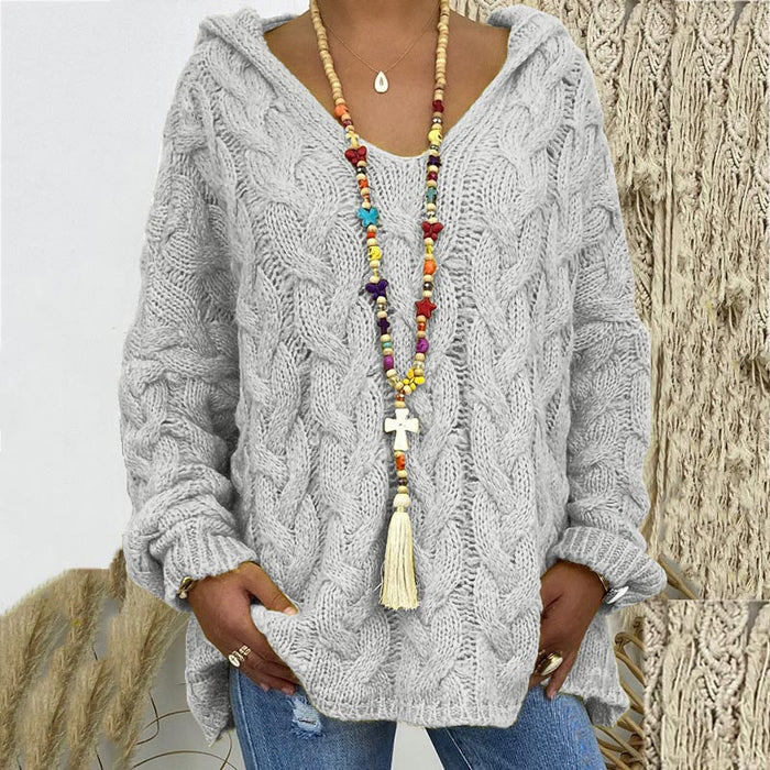 Damski Sweter z Warkoczowym Splotem V-Neck Oversize
