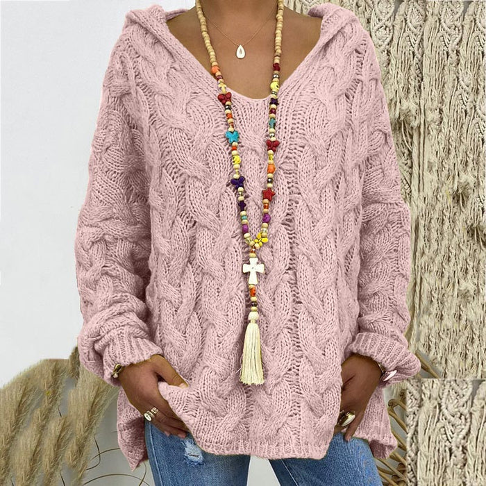 Damski Sweter z Warkoczowym Splotem V-Neck Oversize