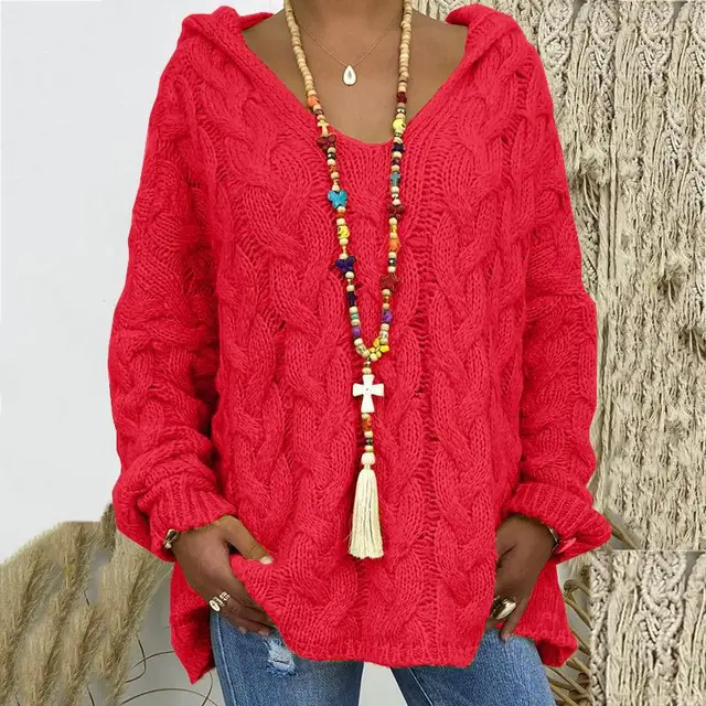 Damski Sweter z Warkoczowym Splotem V-Neck Oversize