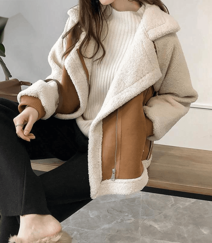 Damska Kurtka Teddy Oversized z Kołnierzem i Suwakiem
